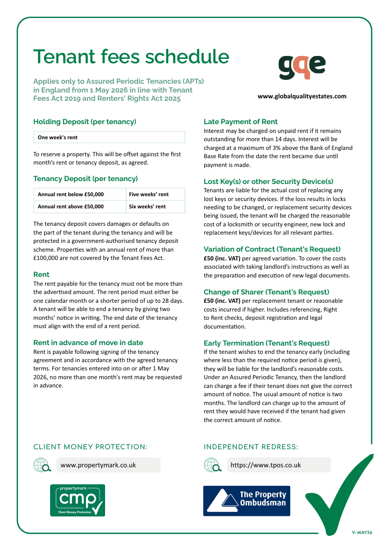 Tenant fees schedule, England, May 2026